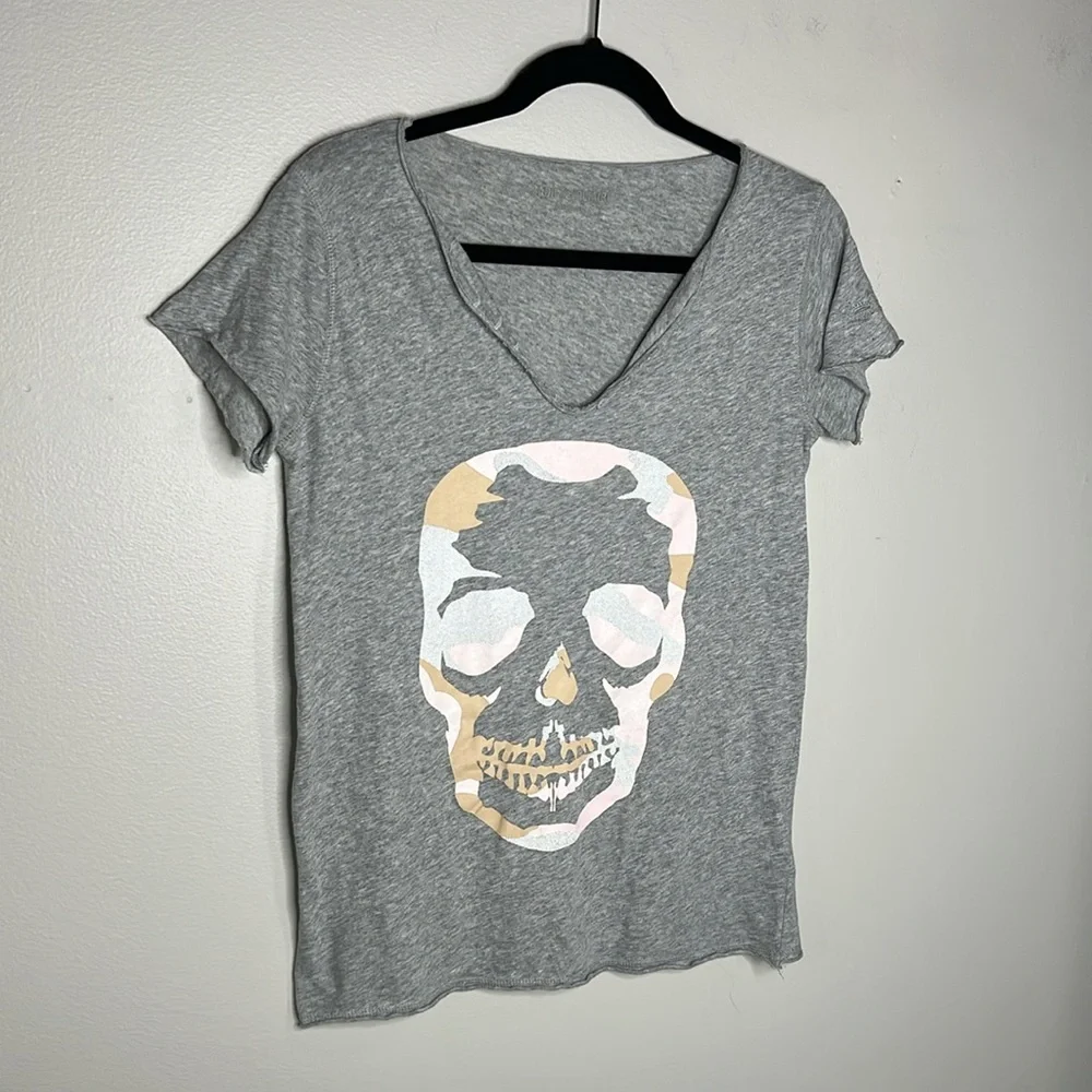 Zadig & Voltaire Tunisien Camo Skull Graphic Henley T-Shirt size Small - Picture 3 of 14